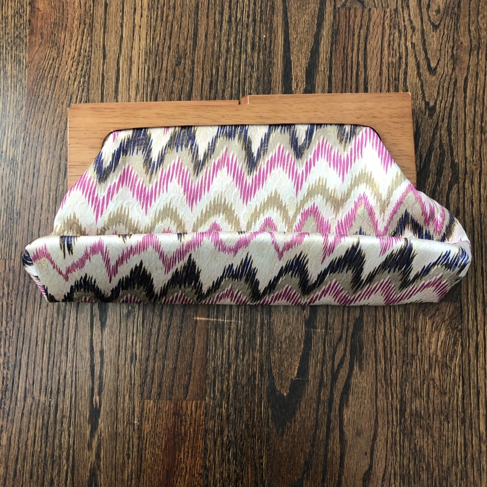 Cream Pink Green Poppie Chevron Wood Handle Clutch Bag